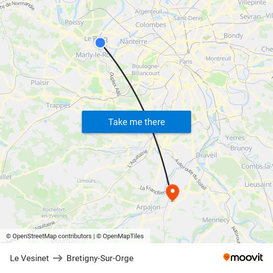 Le Vesinet to Bretigny-Sur-Orge map