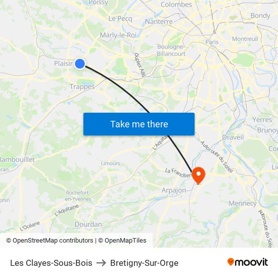 Les Clayes-Sous-Bois to Bretigny-Sur-Orge map