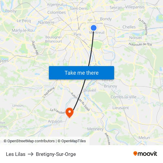 Les Lilas to Bretigny-Sur-Orge map
