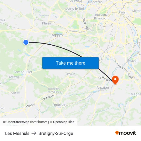 Les Mesnuls to Bretigny-Sur-Orge map