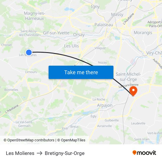 Les Molieres to Bretigny-Sur-Orge map