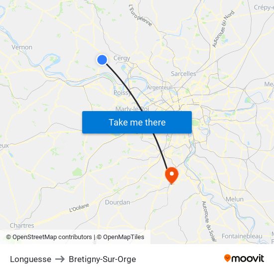 Longuesse to Bretigny-Sur-Orge map