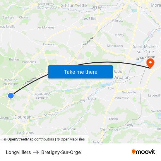 Longvilliers to Bretigny-Sur-Orge map