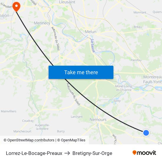 Lorrez-Le-Bocage-Preaux to Bretigny-Sur-Orge map