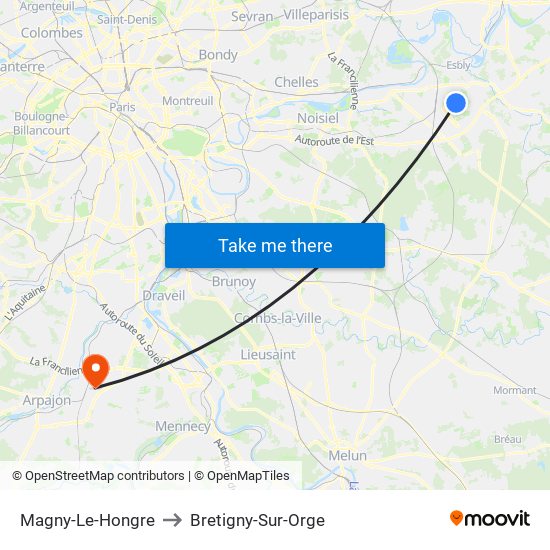 Magny-Le-Hongre to Bretigny-Sur-Orge map