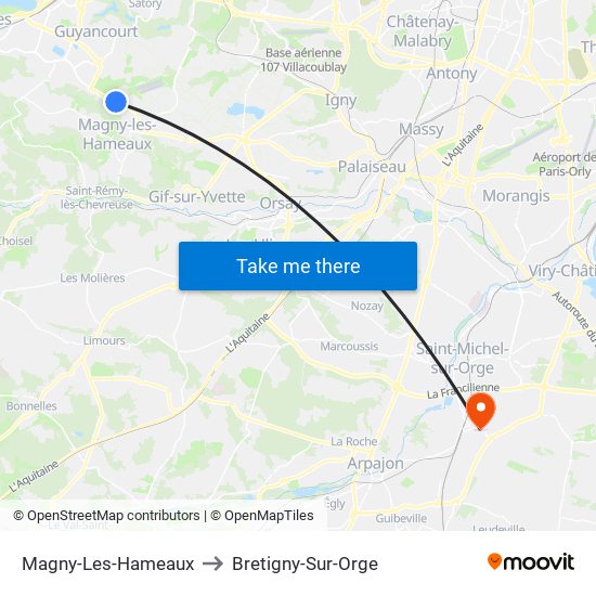 Magny-Les-Hameaux to Bretigny-Sur-Orge map