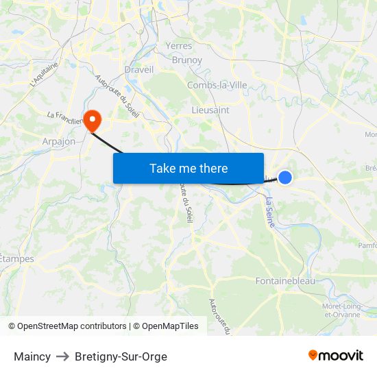Maincy to Bretigny-Sur-Orge map