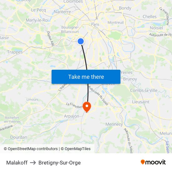 Malakoff to Bretigny-Sur-Orge map