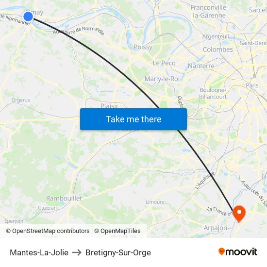 Mantes-La-Jolie to Bretigny-Sur-Orge map
