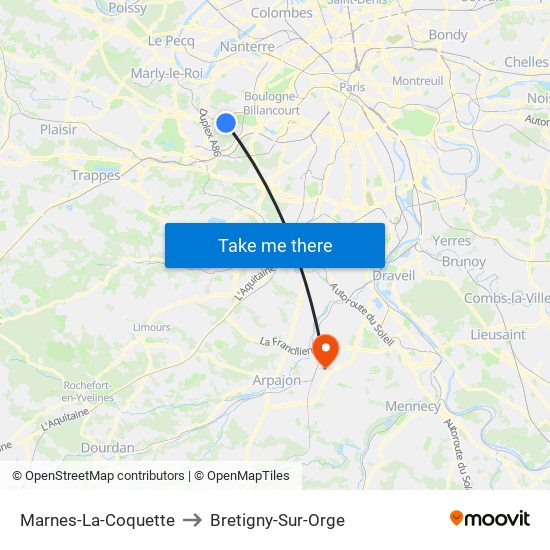 Marnes-La-Coquette to Bretigny-Sur-Orge map