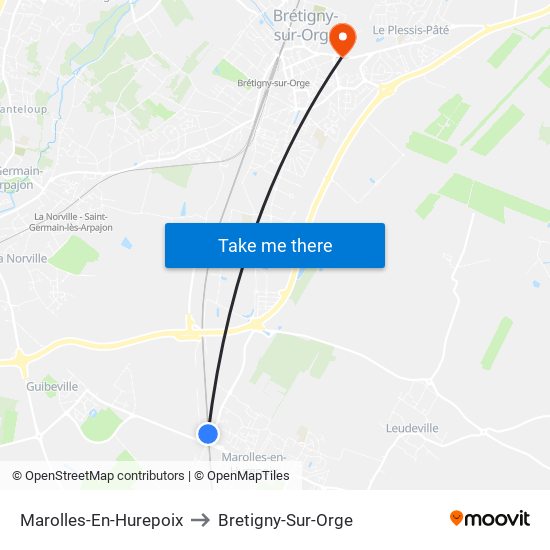 Marolles-En-Hurepoix to Bretigny-Sur-Orge map