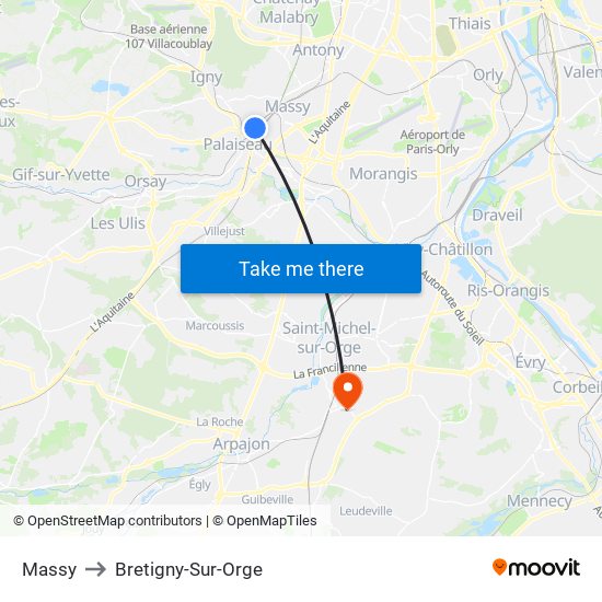 Massy to Bretigny-Sur-Orge map