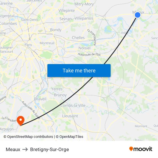 Meaux to Bretigny-Sur-Orge map