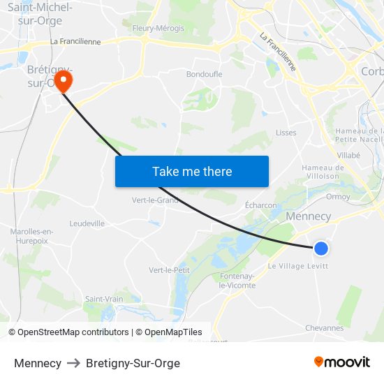 Mennecy to Bretigny-Sur-Orge map