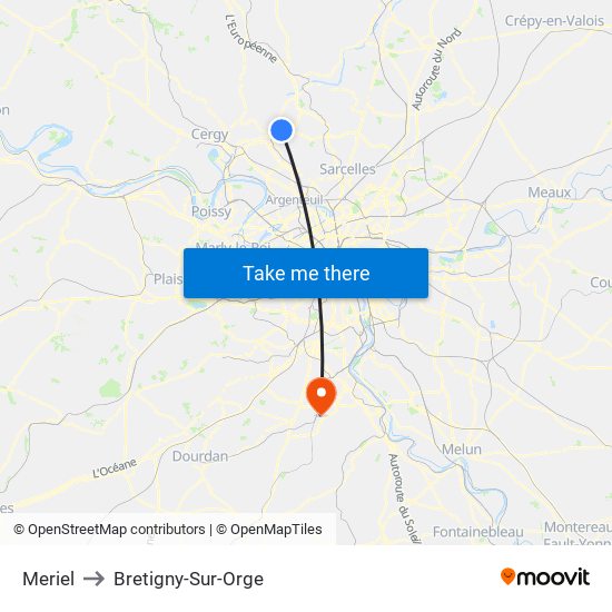 Meriel to Bretigny-Sur-Orge map