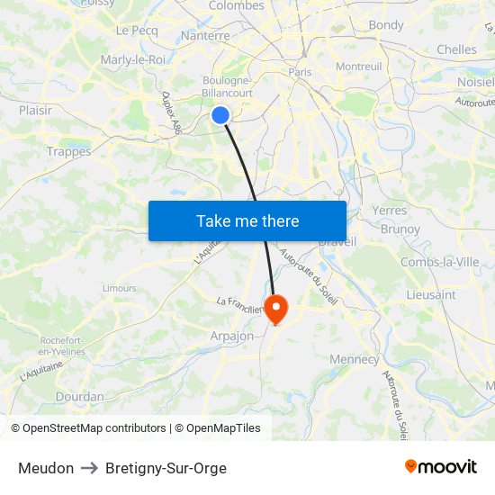 Meudon to Bretigny-Sur-Orge map