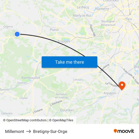 Millemont to Bretigny-Sur-Orge map