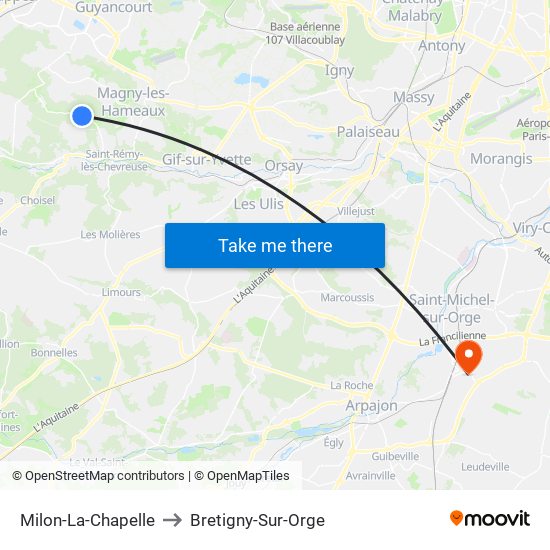 Milon-La-Chapelle to Bretigny-Sur-Orge map