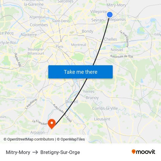 Mitry-Mory to Bretigny-Sur-Orge map