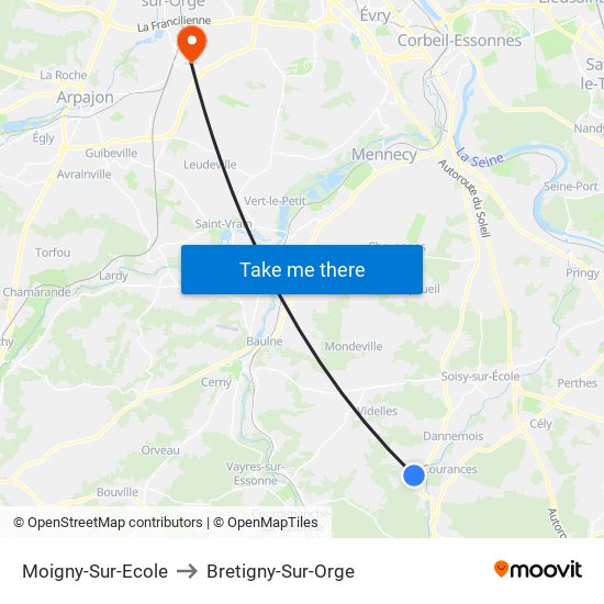 Moigny-Sur-Ecole to Bretigny-Sur-Orge map