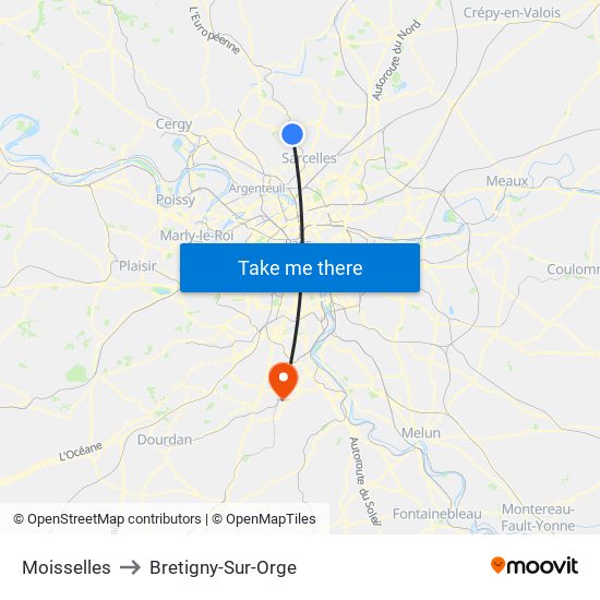 Moisselles to Bretigny-Sur-Orge map