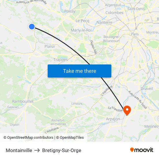 Montainville to Bretigny-Sur-Orge map