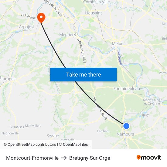 Montcourt-Fromonville to Bretigny-Sur-Orge map