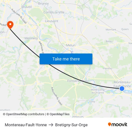 Montereau-Fault-Yonne to Bretigny-Sur-Orge map