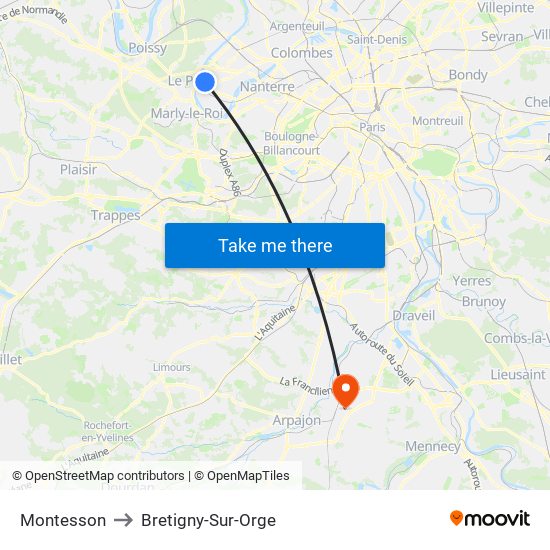Montesson to Bretigny-Sur-Orge map