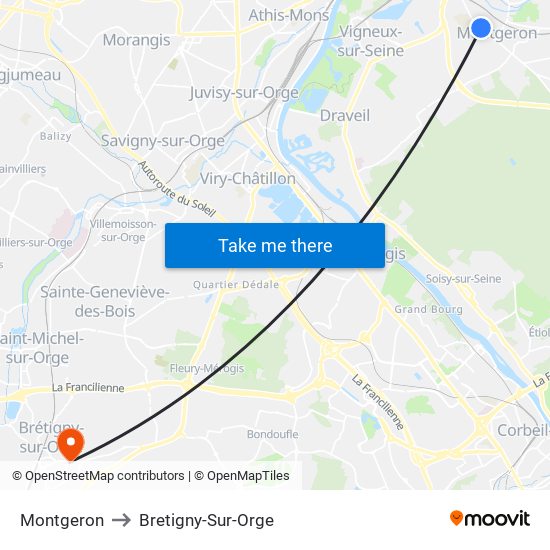 Montgeron to Bretigny-Sur-Orge map