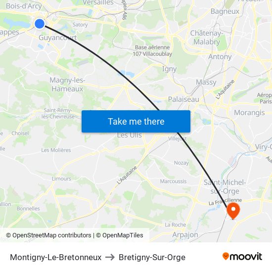 Montigny-Le-Bretonneux to Bretigny-Sur-Orge map