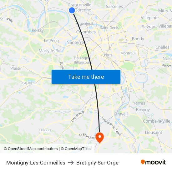 Montigny-Les-Cormeilles to Bretigny-Sur-Orge map