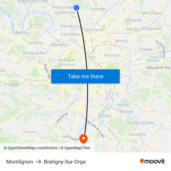 Montlignon to Bretigny-Sur-Orge map