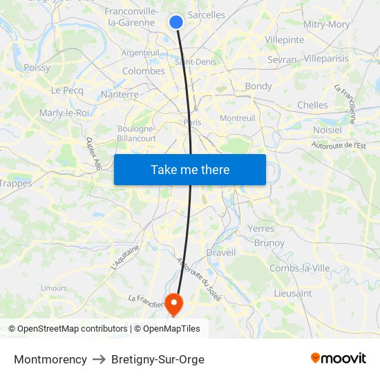 Montmorency to Bretigny-Sur-Orge map