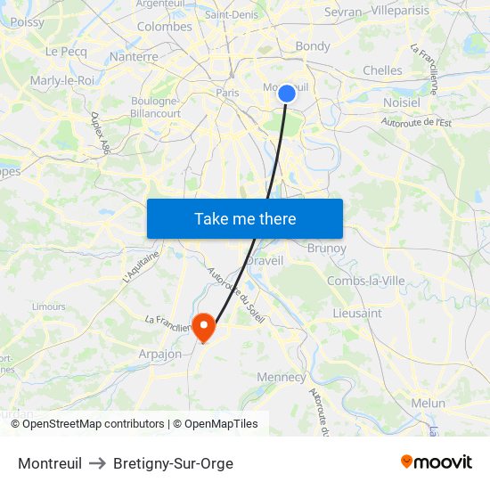 Montreuil to Bretigny-Sur-Orge map