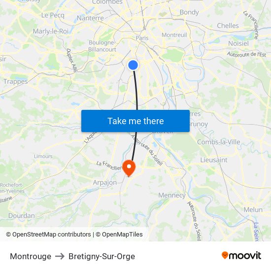 Montrouge to Bretigny-Sur-Orge map