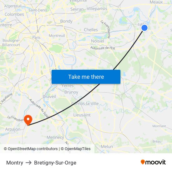 Montry to Bretigny-Sur-Orge map