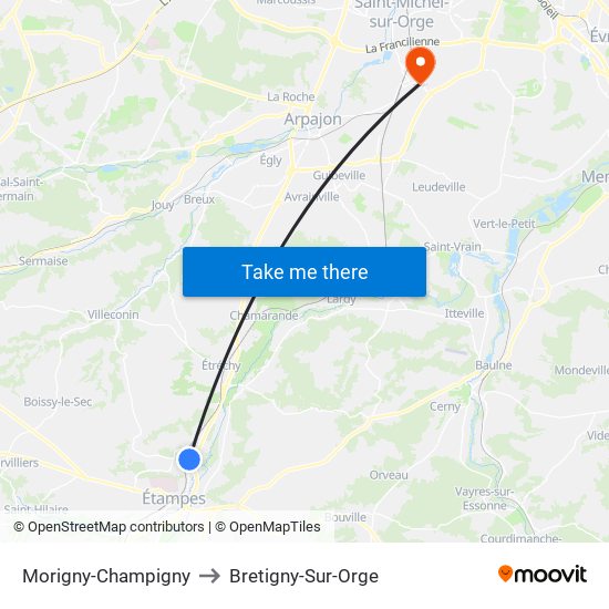 Morigny-Champigny to Bretigny-Sur-Orge map