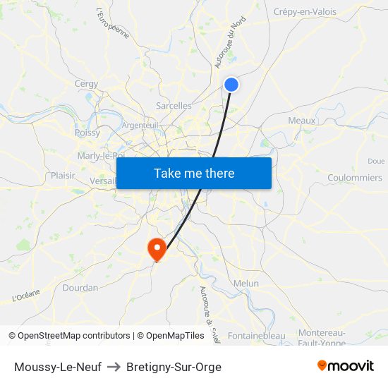 Moussy-Le-Neuf to Bretigny-Sur-Orge map