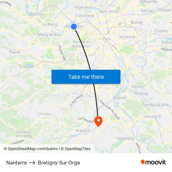 Nanterre to Bretigny-Sur-Orge map