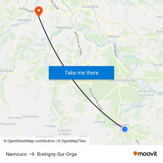 Nemours to Bretigny-Sur-Orge map