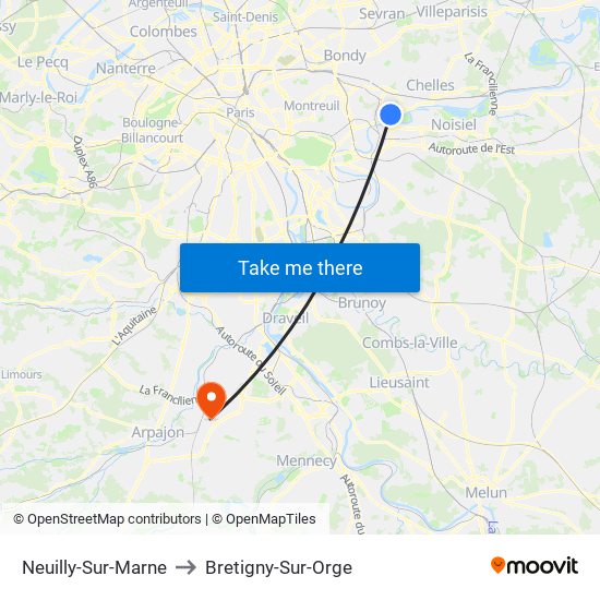 Neuilly-Sur-Marne to Bretigny-Sur-Orge map