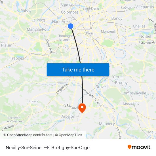 Neuilly-Sur-Seine to Bretigny-Sur-Orge map