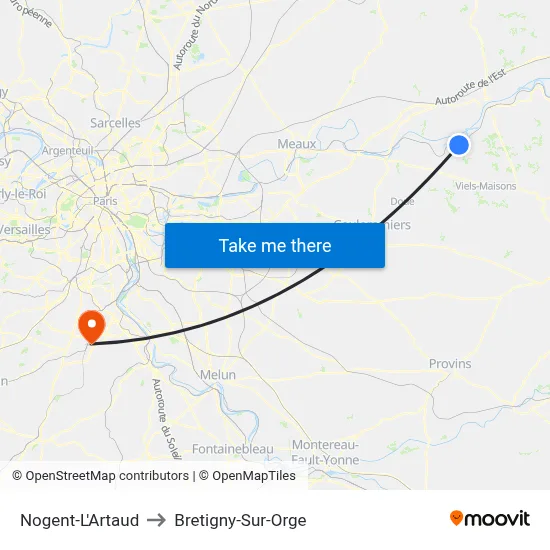 Nogent-L'Artaud to Bretigny-Sur-Orge map