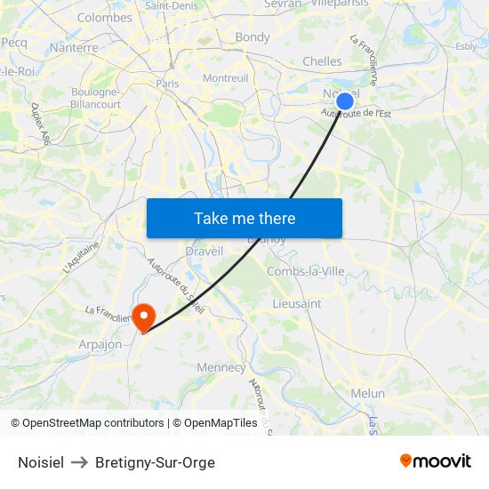 Noisiel to Bretigny-Sur-Orge map