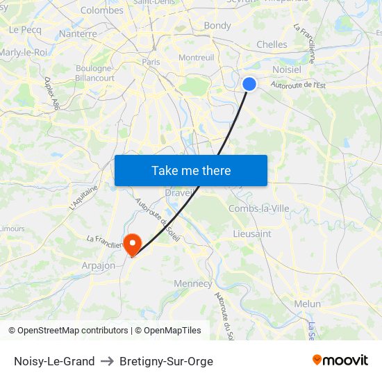 Noisy-Le-Grand to Bretigny-Sur-Orge map