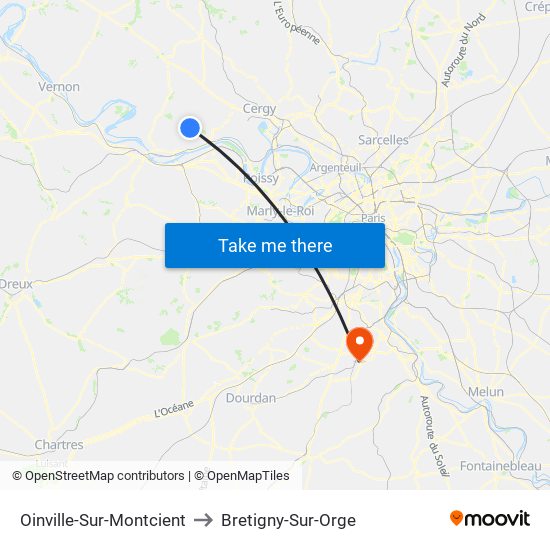 Oinville-Sur-Montcient to Bretigny-Sur-Orge map