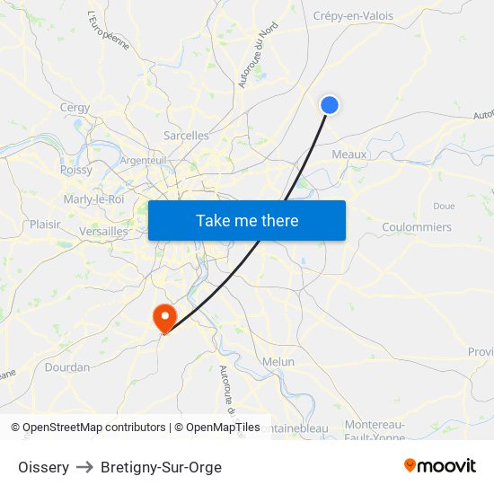 Oissery to Bretigny-Sur-Orge map