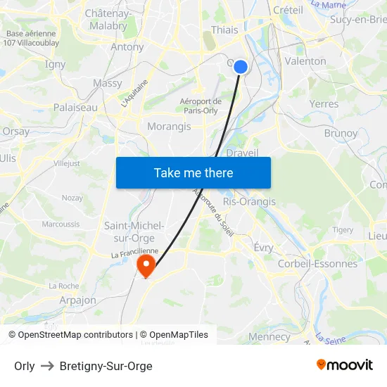 Orly to Bretigny-Sur-Orge map