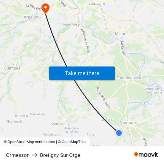 Ormesson to Bretigny-Sur-Orge map